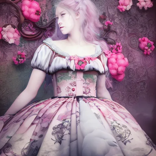 Image similar to 8 k, octane render, realism, tonalism, renaissance, rococo, baroque, cotton candy, portrait of a creepy young lady wearing long - harajuku manga - dress with flowers! and skulls