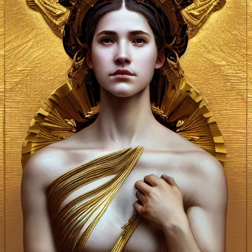 Prompt: portrait of Ex Machina as a greek goddess, marble statue, greek mythology, gold crown and filaments, intricate, headshot, highly detailed, digital painting, artstation, concept art, sharp focus, cinematic lighting, illustration, art by artgerm and greg rutkowski, alphonse mucha, cgsociety