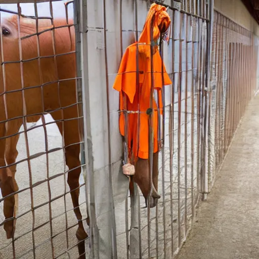 Image similar to horse with orange inmate clothes, in a jail