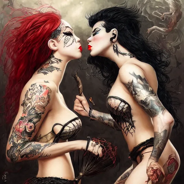 Image similar to two beautiful girls fighting rye chain slavery cosplay with black hair in fully tattooed body and fishnet clothes fully on, beautiful detailed face, white face makeup, big red lips, black eye makeup, art by wlop and karol bak and gennady ulybin and stanley lau and artgem and magali villeneuve