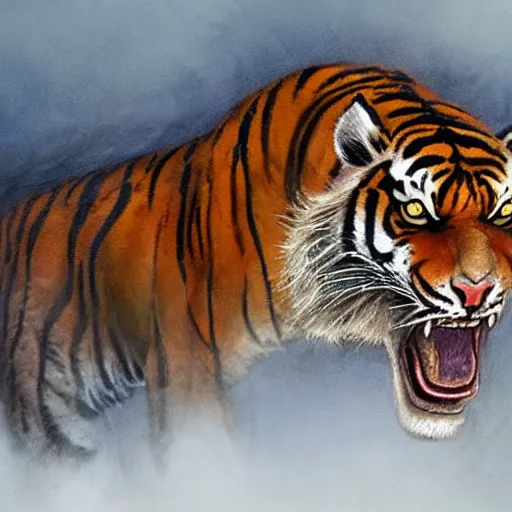 Image similar to a detailed portrait of a tiger roaring, by justin gerard and greg rutkowski, digital art, realistic painting, dnd, character design, trending on artstation