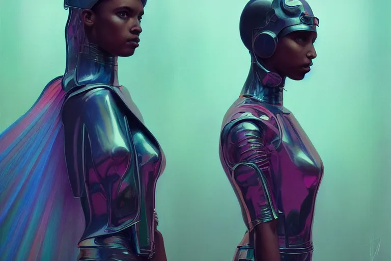 Image similar to patron saint of 🛸🌈👩🏾, futuristic clothing, neon god of city character portrait, in the style of moebius, tom bagshaw, and waterhouse, cinematic lighting, beautiful, elegant, oil painting,