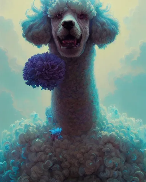 Image similar to highly detailed surreal vfx portrait of a sacred poodle, stephen bliss, unreal engine, greg rutkowski, loish, rhads, beeple, makoto shinkai and lois van baarle, ilya kuvshinov, rossdraws, tom bagshaw, alphonse mucha, global illumination, detailed and intricate environment