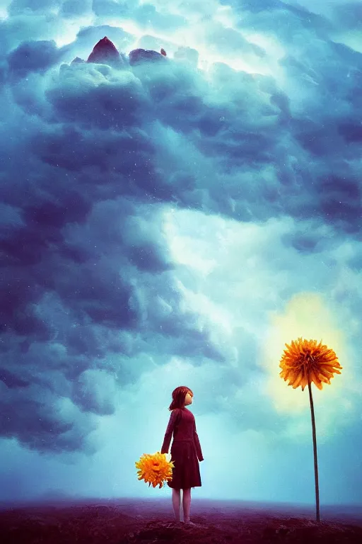 Image similar to closeup giant dahlia flower over head, girl standing on mountain, surreal photography, blue storm clouds, dramatic light, impressionist painting, digital painting, artstation, simon stalenhag