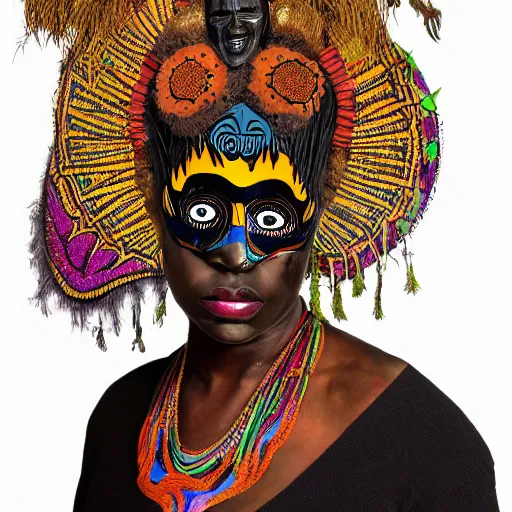 Prompt: Georgia Anne Muldrow, side portrait, tribal mask inside mask, animalia, afro-psychedelia, afrocentric mysticism, in the style of Greg Hildebrandt