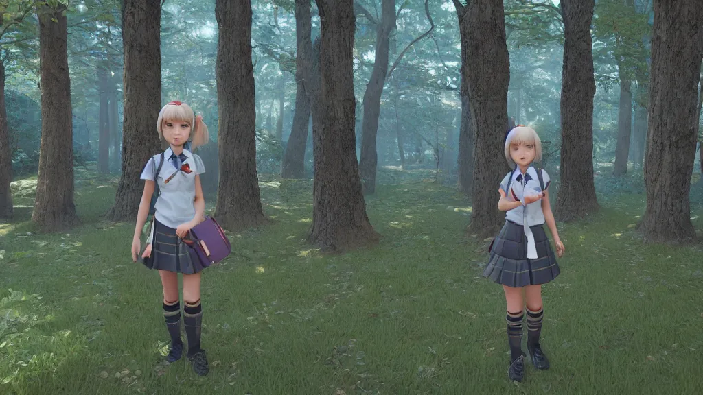 Image similar to cute schoolgirl with proprtional face walk in the forest, in style of katsuya terada, unreal engine 5,