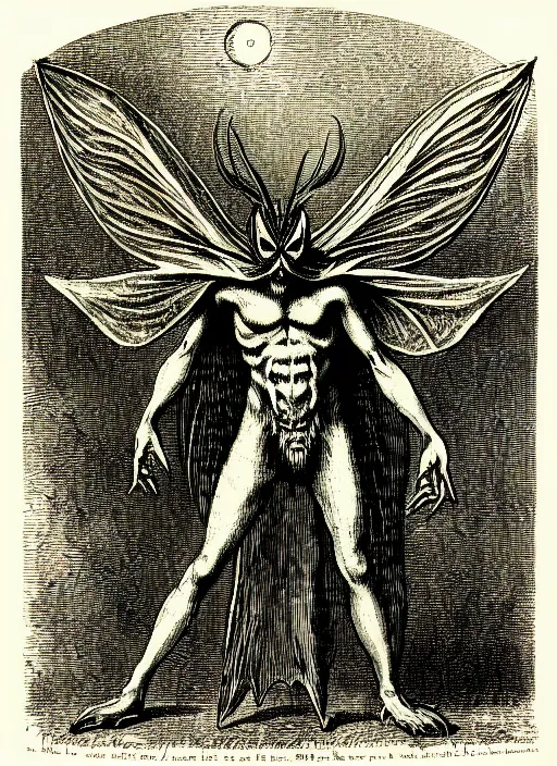 Image similar to illustration of mothman as a demon from the dictionarre infernal, etching by louis le breton, 1 8 6 9, 1 2 0 0 dpi scan, ultrasharp detail, clean scan