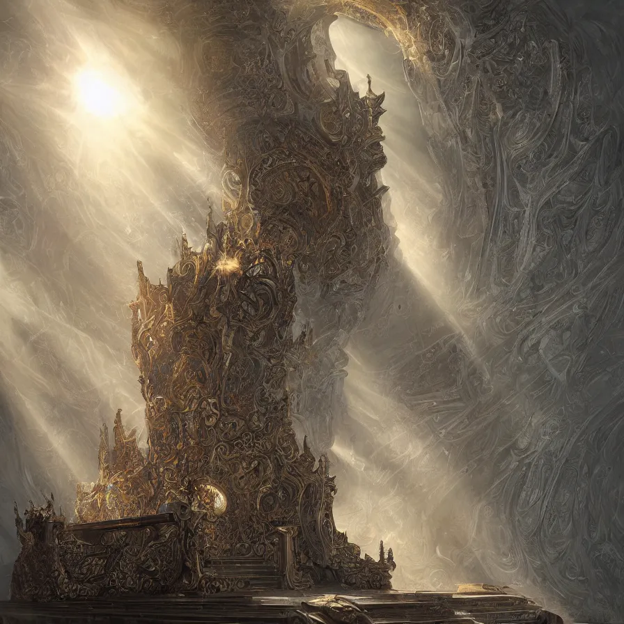 Image similar to digital painting of daniel dociu representing a throne room where a sun ray illuminate the throne, fantasy, elegant, highly detailed, matte, illustration