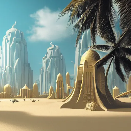 Image similar to cover concept art of the lost sand city, levitating sand, golden towers, golden pillars, palm trees, space and time, floating objects, post-processing, in the style of Hugh Ferriss, Behance, Artgerm. High detail, ultra realistic render, octane, 3D, photorealism, symmetric, cinematic