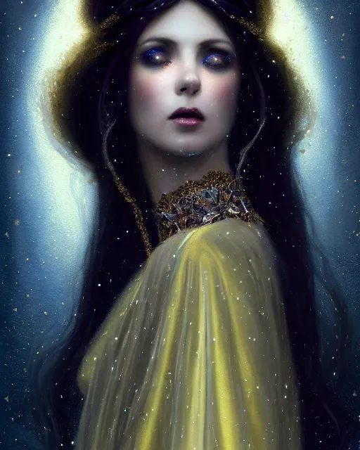 Image similar to Nocturne, glowing, stars, a portrait of a beautiful female shadow djinn with jeweled collar, long hair, glowing eyes, highly detailed, mysterious, ethereal, dressed in velvet and gold jewelry, haute couture, illustration, dramatic lighting, painting, by Edmund Blair Leighton, Brom, Charlie Bowater, trending on artstation, faces by Tom Bagshaw, otto schmidt