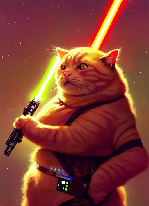 Image similar to a fat ginger cat holding a lightsaber, star wars outfit, beautiful glowing lights, sci - fi, stunning, intricate, elegant. highly detailed, digital painting. artstation. smooth. sharp focus. illustration. art by artgerm and greg rutkowski and alphonse mucha