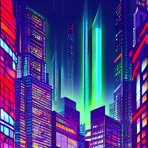 Image similar to Neon cyber city, bright, tall buildings, night time, digital painting, concept art, sharp focus, pixiv, artstation, 4k, by Robert Del Naja and Chris Cunningham and Andrew Jones