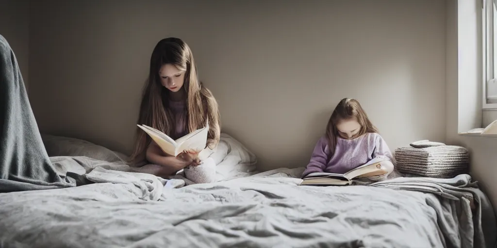 Image similar to girl sitting reading a book in her room, cozy, late afternoon, cinematic