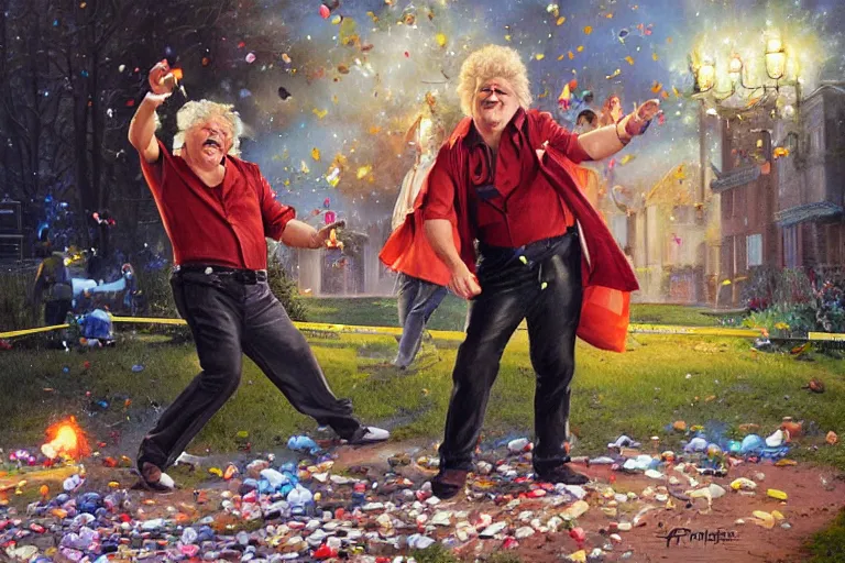 Image similar to portrait of rip taylor throwing confetti at a crime scene chalk outline, an oil painting by ross tran and thomas kincade