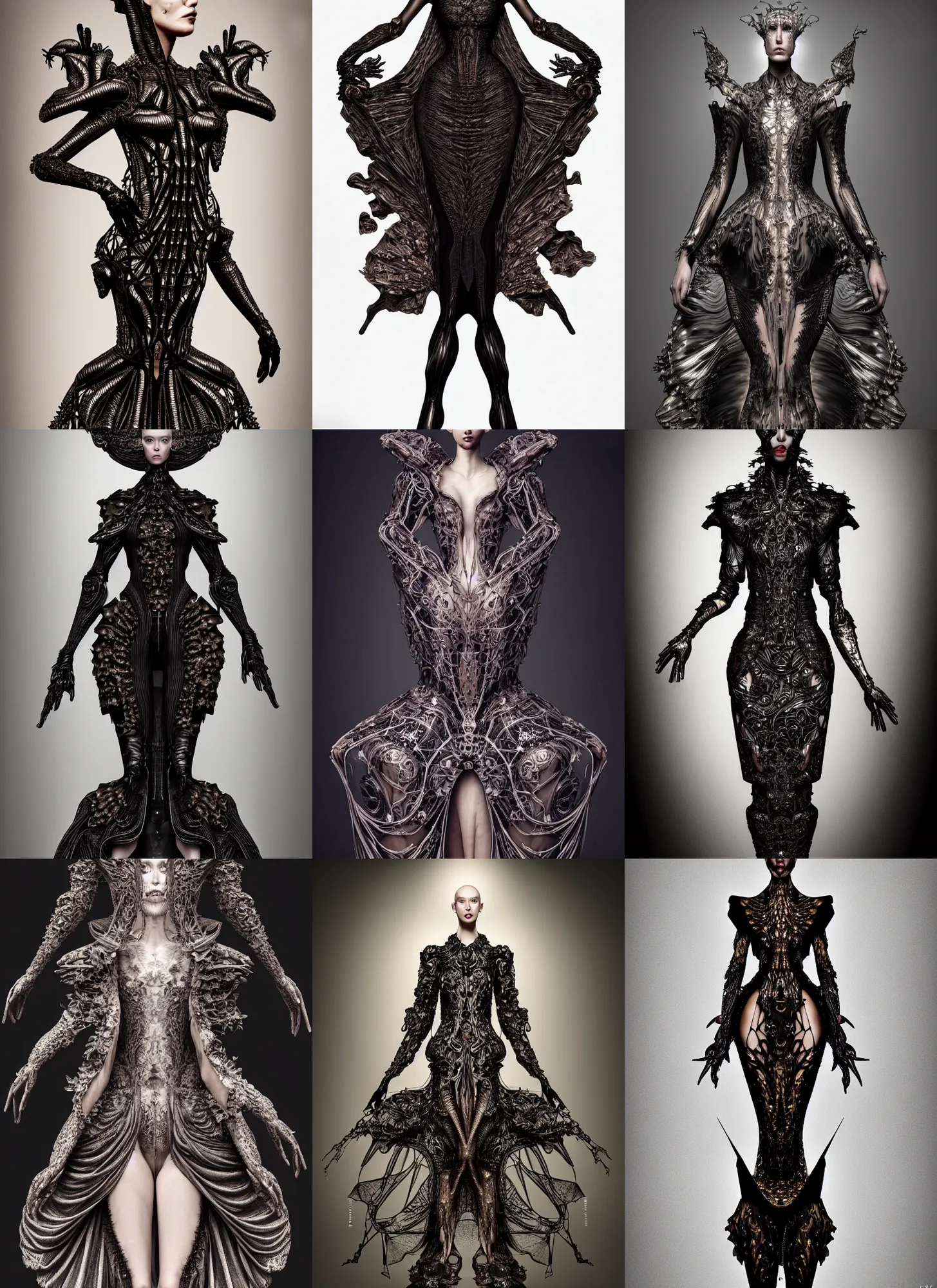 Prompt: historical baroque dress dark, catwalk, fashion podium, iris van herpen, perfect symmetrical body, full body shot, masterpiece, intricate, biopunk, vogue, highly detailed, artstation, concept art