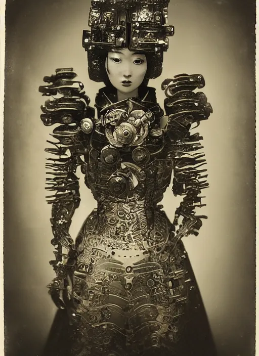 Image similar to old wetplate daguerreotype portrait of a futuristic silver armored geisha cyborg, fractal, intricate, elegant, highly detailed, parallax, leica, medium format, subsurface scattering, by jheronimus bosch and greg rutkowski and louis jacques mande daguerre