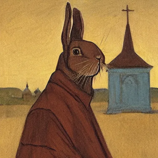 Image similar to a rabbit wearing a simple brown cape, standing next to a small russian wooden church, in the style of ilya repin