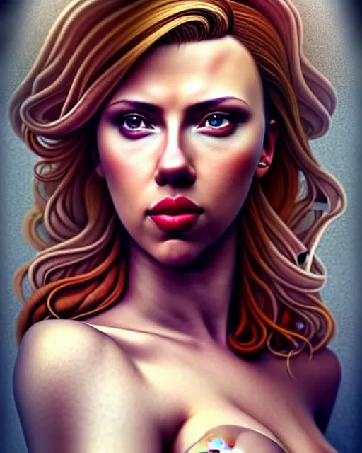 Image similar to full body gorgeous Scarlett Johansson, realistic character concept, arm and neck tattoo sleeves, full body pose, autumn, makeup, shorter neck, illustration, symmetrical eyes and body, cinematic lighting, detailed realistic symmetrical eyes, artgerm, Joshua Middleton, single face, insanely detailed and intricate, beautiful