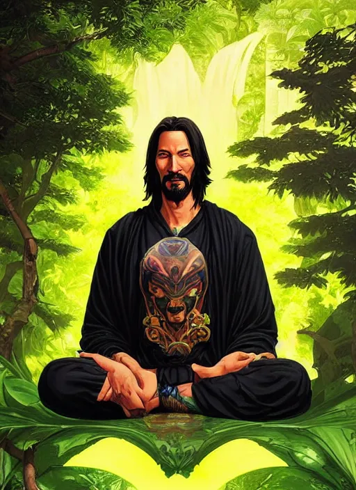 Prompt: a comic book style fantasy portrait painting of Keanu Reaves as a monk meditating in a bright serene lush green temple setting, art by Tristan Eaton, Stanley Artgerm, Tom Bagshaw, Greg Rutkowski, Carne Griffiths