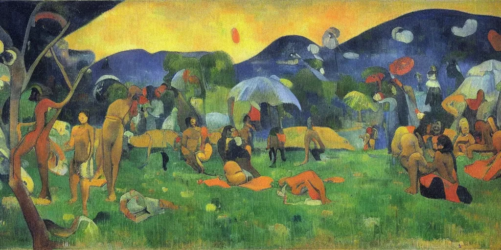 Prompt: there is another world very close to ours that we don't perceive directly, but they do interact sometimes. painting by paul gauguin ( 1 9 0 0 )