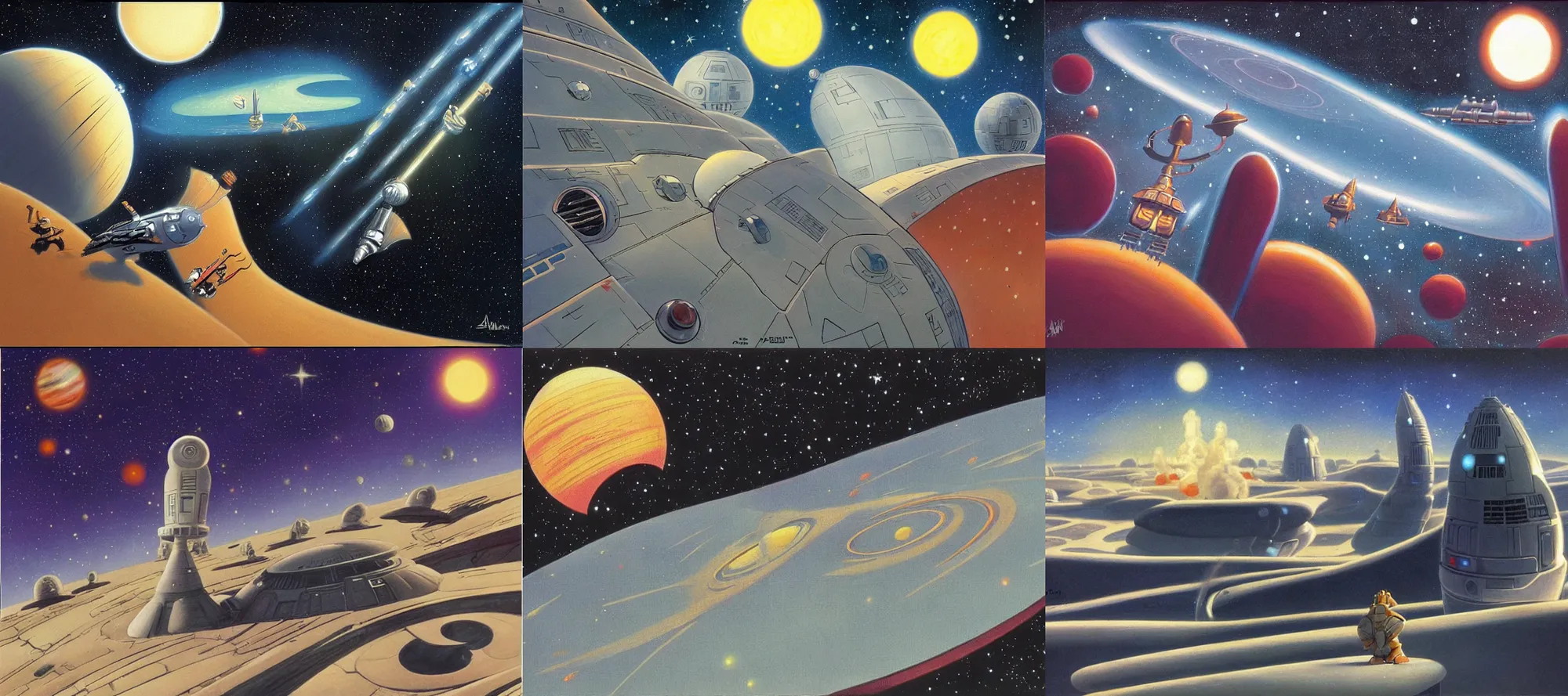 Prompt: alderaan in the style of dr. seuss, starships, painting by ralph mcquarrie