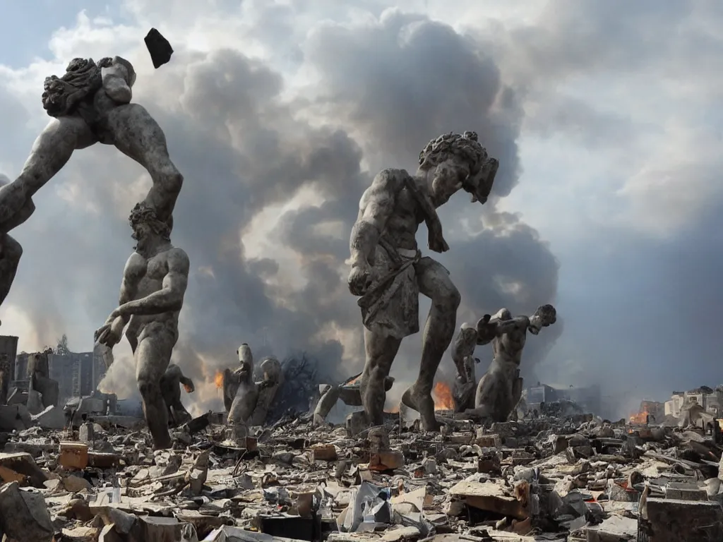 Prompt: giant greek statues attacking a city, ciry destruction ruins, debris flying around, swirls of fire