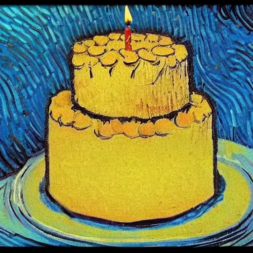 Prompt: birthday cake painting by van gogh