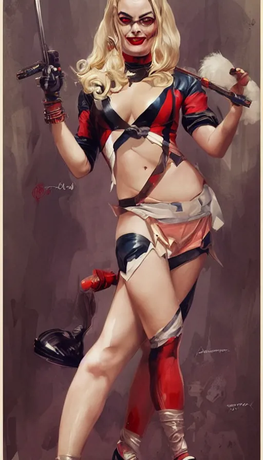 Image similar to margot robbie as harley quinn in a pin - up pose by artgerm, greg rutkowski and alphonse mucha, concept art, matte, intricate, full body