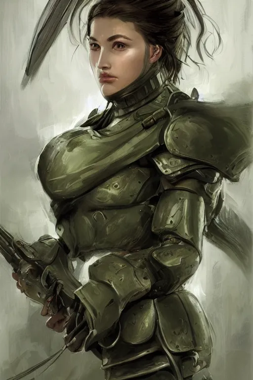 Image similar to a professional portrait of a young female warrior, clothed in military-style battle armor, olive skin, long dark hair, beautiful bone structure, symmetrical facial features, green eyes, intricate, elegant and graceful, digital painting, concept art, smooth, sharp focus, illustration, finely detailed, from Metal Gear by Ruan Jia and Mandy Jurgens and Artgerm and William-Adolphe Bouguerea, award winning art, trending on Artstation