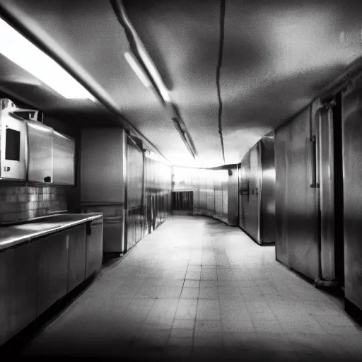 Prompt: fill light, ambient occlusion, black black black dark dark dark, underexposed photography, dark underground kitchen, windowless