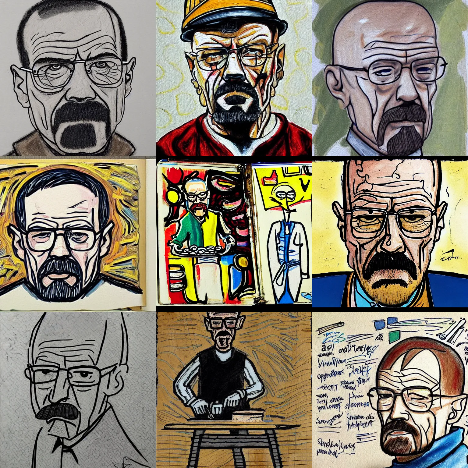 Prompt: art brut painting of walter white cooking meth, found doodled in an artist's notebook