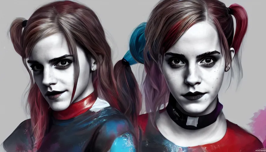 Image similar to emma watson is harley quinn, hyperdetailed, artstation, cgsociety, 8 k