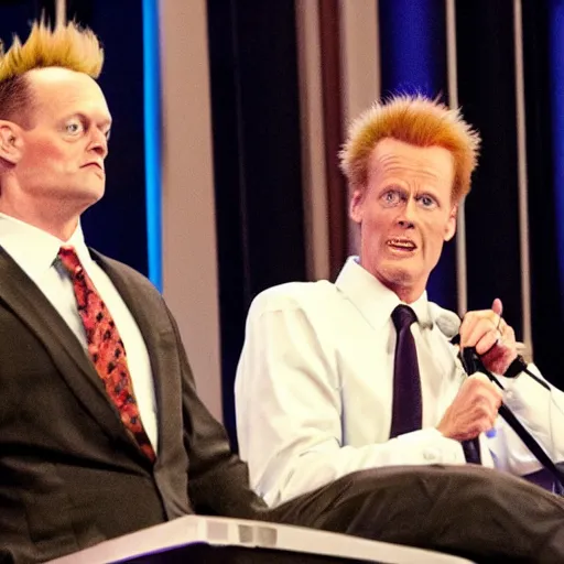 Prompt: beavis and butthead give a keynote speech at a conference wearing suits, photograph