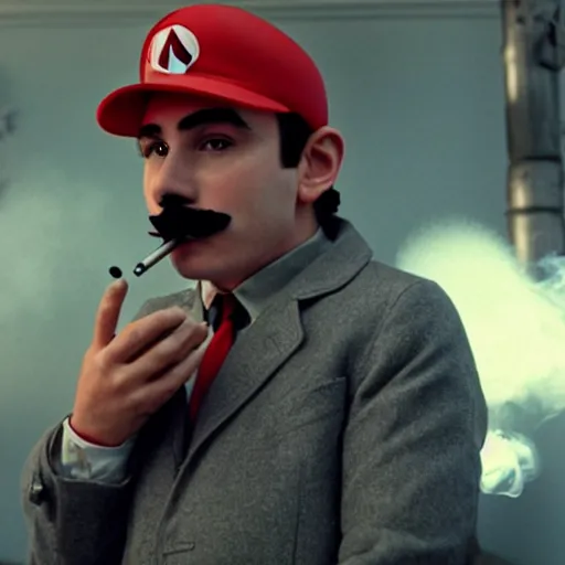 Image similar to Mario smoking in an A24 film aesthetic