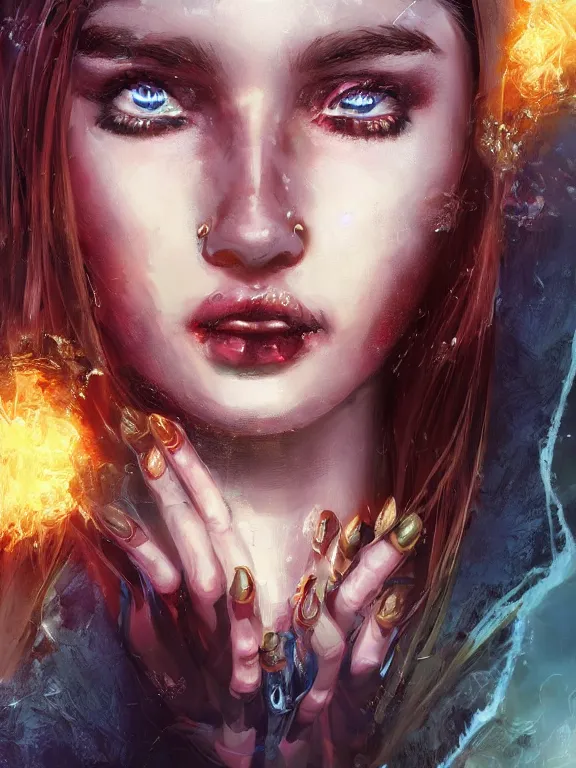 Prompt: digital illustration of a girl with eyes that burn like cigarettes wearing a short skirt and a long jacket with fingernails that shine like justice, dramatic lighting, photorealistic, full body shot, extreme detail, 4 k, colorful, artgerm and craig mullins, detailed face