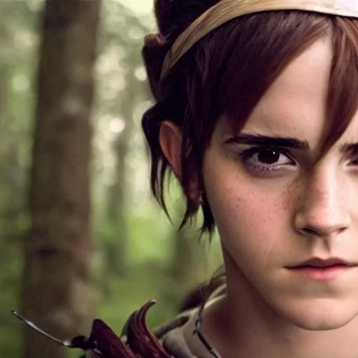 Image similar to emma watson as live action princess mononoke, still frame, sharp focus, cinematic, filmic