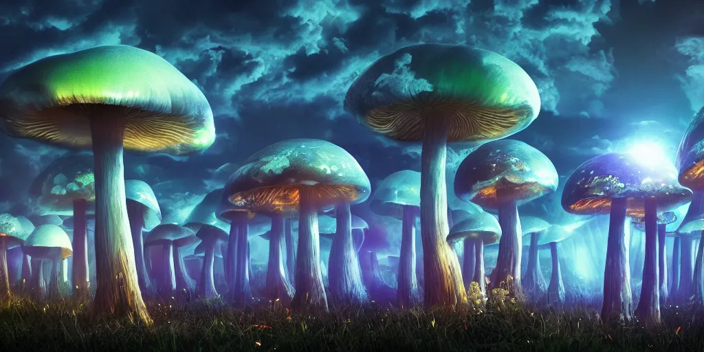 Image similar to giant glowing mushrooms towering over alien forest, at night, ray tracing, refractive, planets in the sky, award winning, trending on artstation, digital art. highly detailed 8 k. intricate. lifelike. soft light. nikon d 8 5 0.