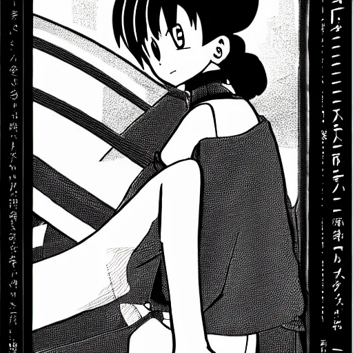 Prompt: manga, monochrome, made by toriyama akira, front portrait of a girl, modern clothing, sneaker shoes, arcade cabinet