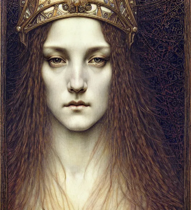 Image similar to detailed realistic beautiful young medieval queen face portrait by jean delville, gustave dore and marco mazzoni, art nouveau, symbolist, visionary, gothic, pre - raphaelite. horizontal symmetry