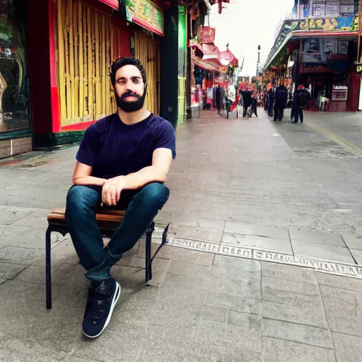 Prompt: a photo of thiago hersan sitting in a bench in china town san francisco