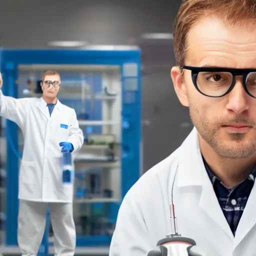 Prompt: realistic photograph of a male scientist wearing a lab coat and glasses staring at a horrifying monster behind a containment cell