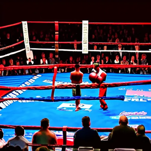 Prompt: realistic photo of a boxing match with many people in the stands