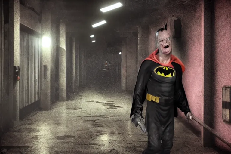 Image similar to michael keaton batman covered in beer wearing pink apron wielding an axe, chasing through old brown decrepit hallway, creepy smile, atmospheric eerie lighting, photorealistic face, dim lighting, bodycam footage, motion blur, photograph, first person shooter perspective with pistol