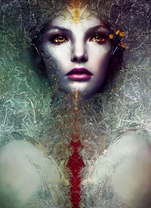 Image similar to double exposure effect, glowing silver and golden elements, full close-up portrait, realistic female model from shutterstock as a dark witch, book cover, green forest, white moon, red lips, establishing shot, extremly high detail, photo-realistic, cinematic lighting, pen and ink, intricate line drawings, by Yoshitaka Amano, Ruan Jia, Kentaro Miura, Artgerm, post processed, concept art, artstation, matte painting, style by eddie, raphael lacoste, alex ross