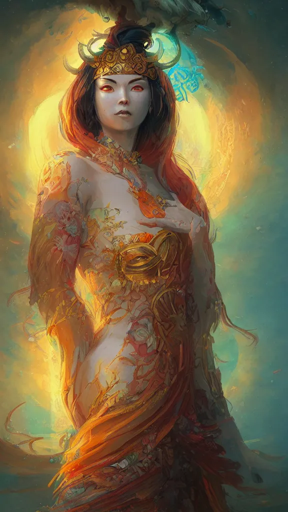 Prompt: portrait of a beautiful rendition of the mythical amaterasu, the goddess of the sun, illustration, artistic, colorful, hyper detailed, in the style of greg rutkowski,