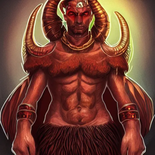 Image similar to dnd style portrait of a tiefling, male, red scales, red skin, a big black beard, completely golden eyes, 2 black ram horns growing out of his forehead,