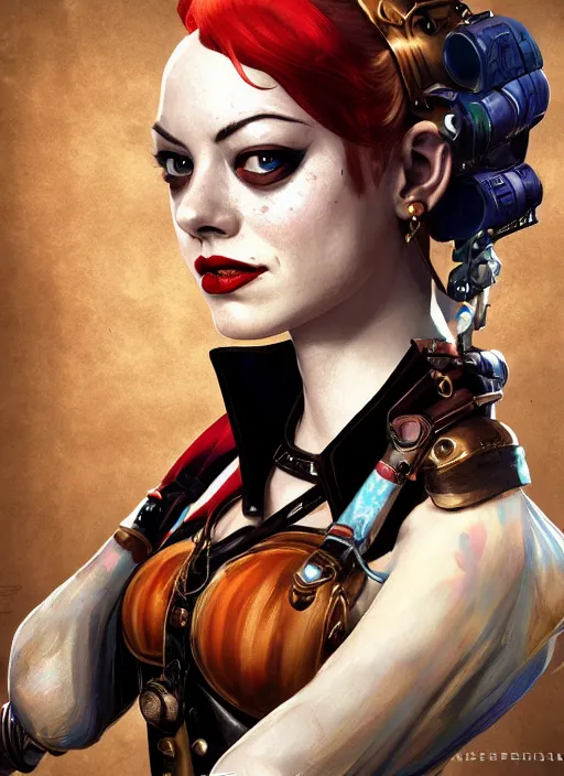 Prompt: steampunk portrait of emma stone as harley quinn, hyper detailed, digital art, trending in artstation, cinematic lighting, studio quality, smooth render, unreal engine 5 rendered, octane rendered, art style by klimt and nixeu and ian sprigger and wlop and krenz cushart.