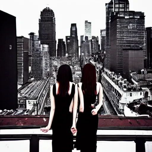 Image similar to “ two goth girls on city rooftop gorgeous, metropolitan city, detailed ”