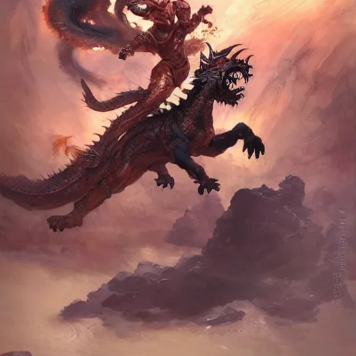 Image similar to A beautiful oil painting of Nezha fighting a Chinese dragon, by Frank Frazetta, Greg Rutkowski, Boris Vallejo, epic fantasy character art, high fantasy, Exquisite detail, post-processing, low angle, masterpiece, cinematic