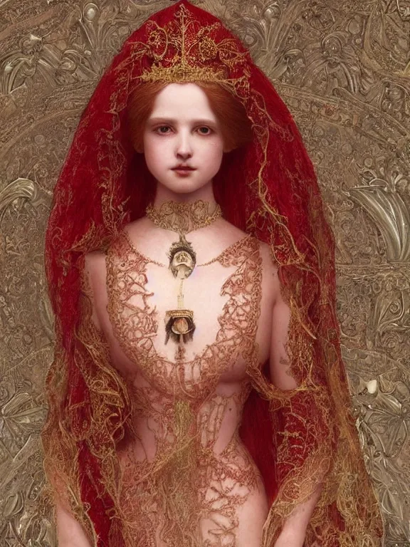 Image similar to a beautiful render of a catholic veiled red queen with symmetry intricate detailed ,pray,by Andrei Riabovitchev,Enchanted doll,Lawrence Alma-Tadema,aaron horkey,Billelis,trending on pinterest,hyperreal,feminine,golden ratio,cinematic lighting